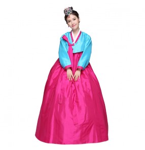 Blue pink and fuchsia hot pink and grey white patchwork women's hanbok korean traditional ethnic style cos play performance dance costumes dresses outfits